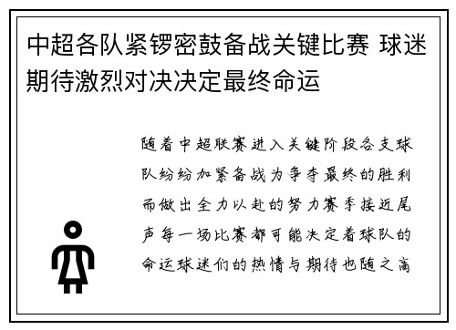 中超各队紧锣密鼓备战关键比赛 球迷期待激烈对决决定最终命运