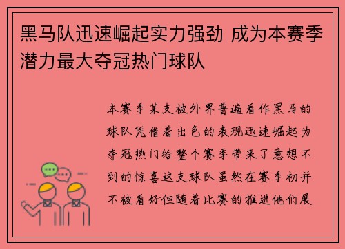 黑马队迅速崛起实力强劲 成为本赛季潜力最大夺冠热门球队
